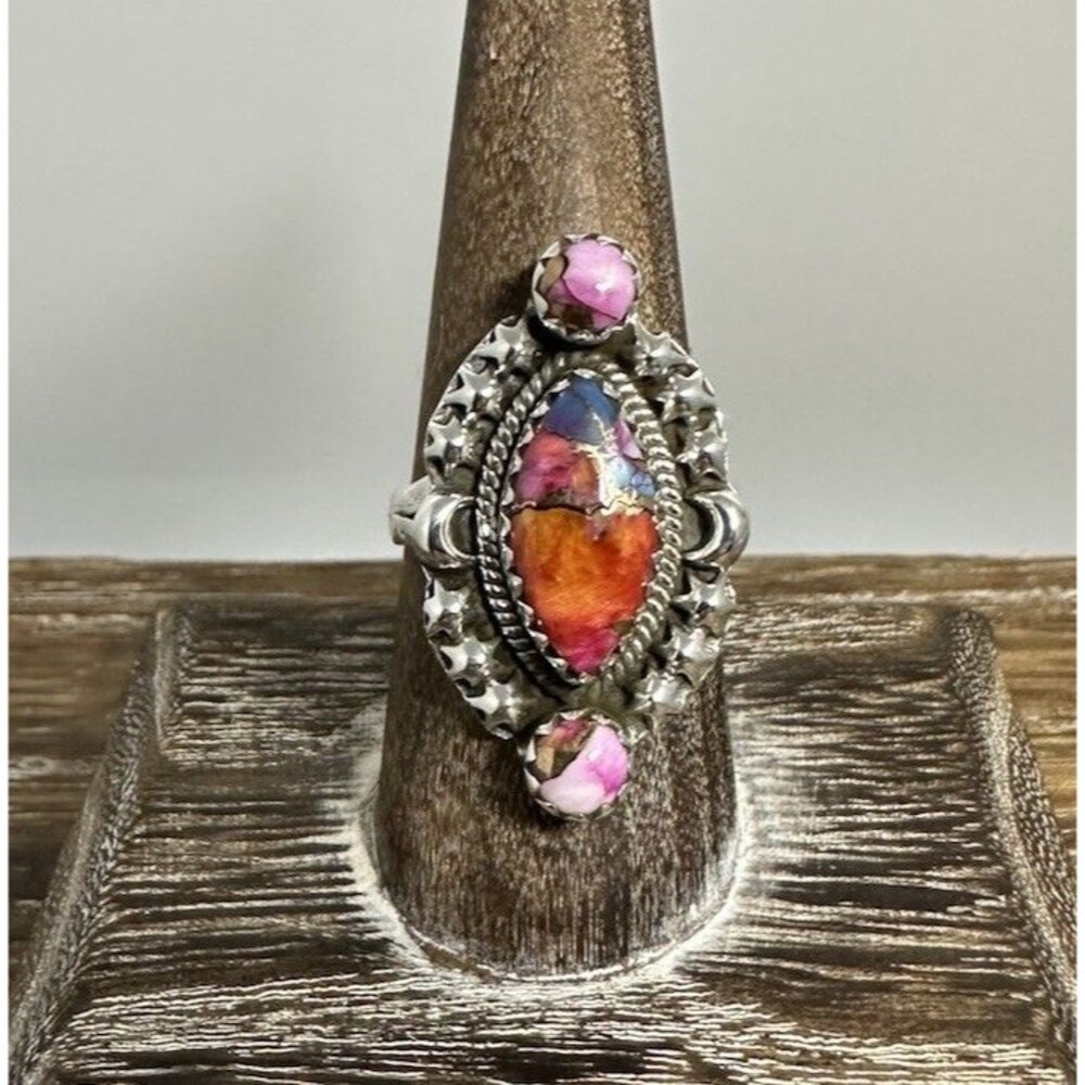 Native Southwest Style Sterling Silver 3 Stone Pink Dahlia Moon/Stars Ring 8.75